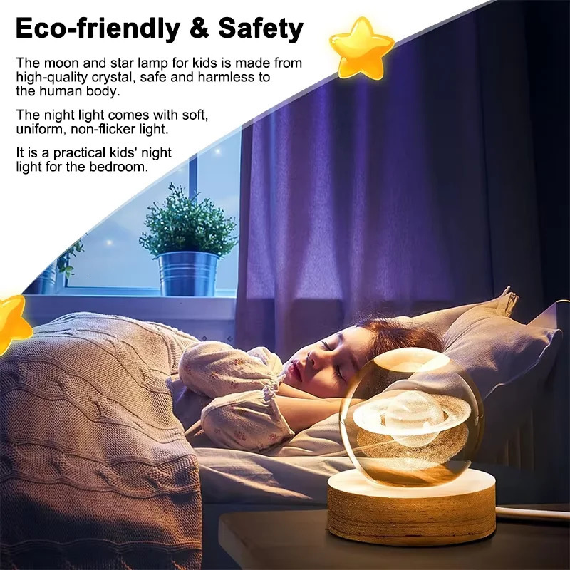Luminous Crystal Ball LED Night Light Solar System 3D Moon Table Lamp USB Bedroom Atmosphere for Birthday Kid Gift 250716