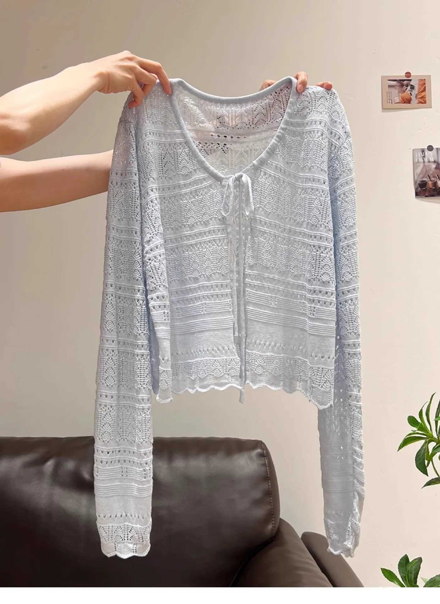 Summer Sunscreen Knitted Shirt Women V-neck Long Sleeve Lace Up Knitting Coat Casual Fashion Female Thin Sunproof Cardigan X250724