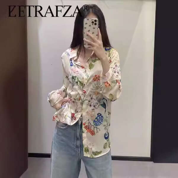 TRAFZA Summer New Women's Fresh And Elegant Turn-Down Collar Floral Long Sleeve Shirt B5