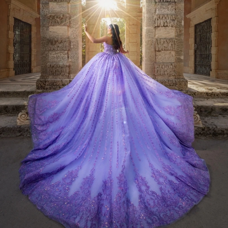 Lavender Shiny Quinceanera Dresses Off Shoulder Ball Gown Sweet 16 Dress Sequin Applique Lace Beading Crystal Tull Birthday Party Vestidos 15 De Anos