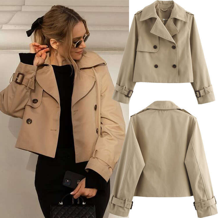 TRAFZA Autumn New Women's Fashion Short Trench Coat With Turn-Down Collar And Double Breasted Long Sleeve Jacket B5