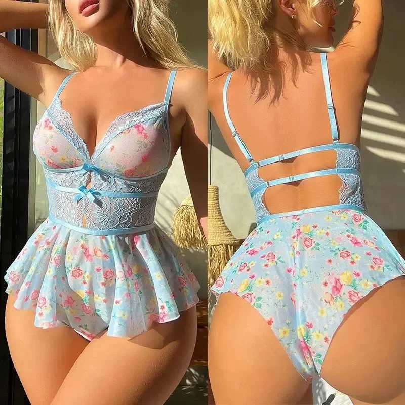 Sexy Crotchless Lingerie Women Lace Hollow Bodysuit Exotic Pajamas Teddy Babydoll Dress Deep V Open Bra Porno Underwear Set W250724