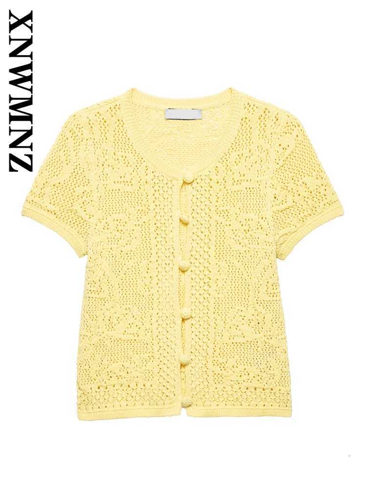 2025 Summer Women Fashion Commuting Short Sleeve Crochet Knitted Cardigan Elegant Simple Lady Yellow O-Collar Sweater X250724