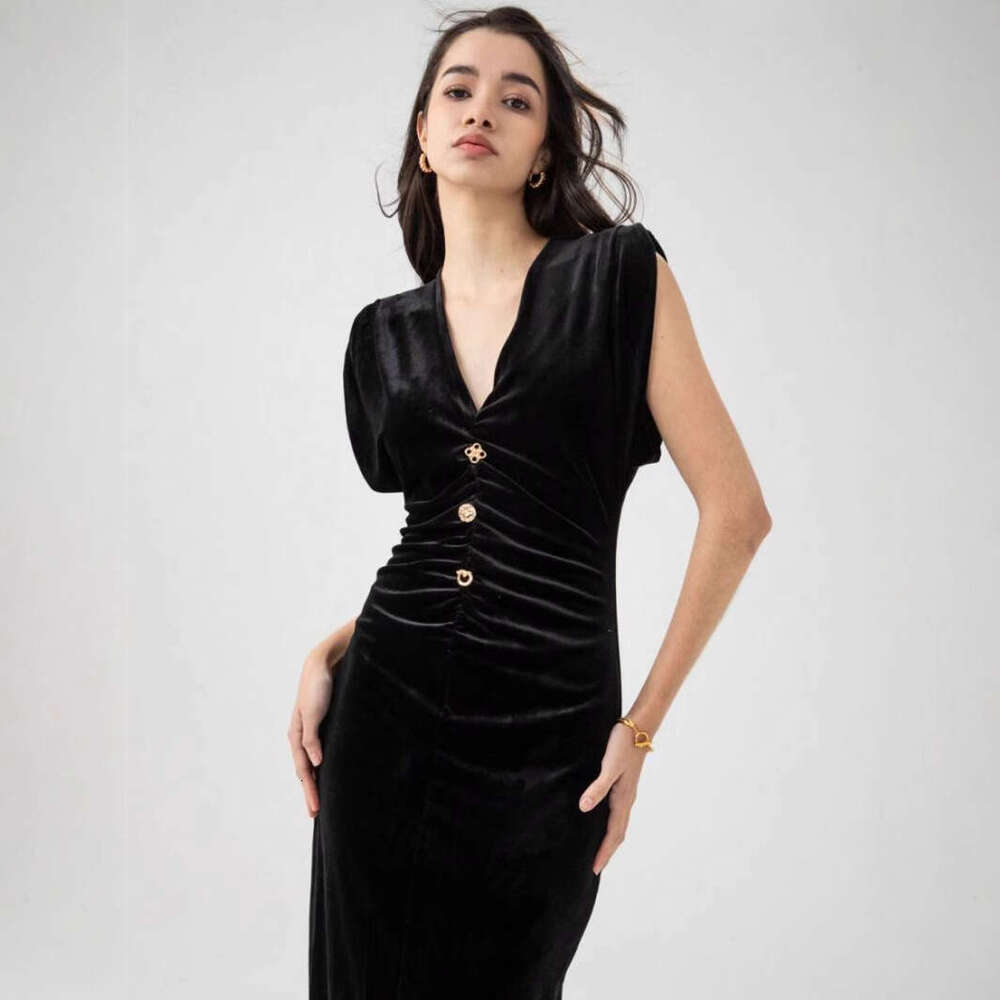 TRAFZA Spring New V-Neck Ruched Waist Slim Elegant Velvet Dress B5