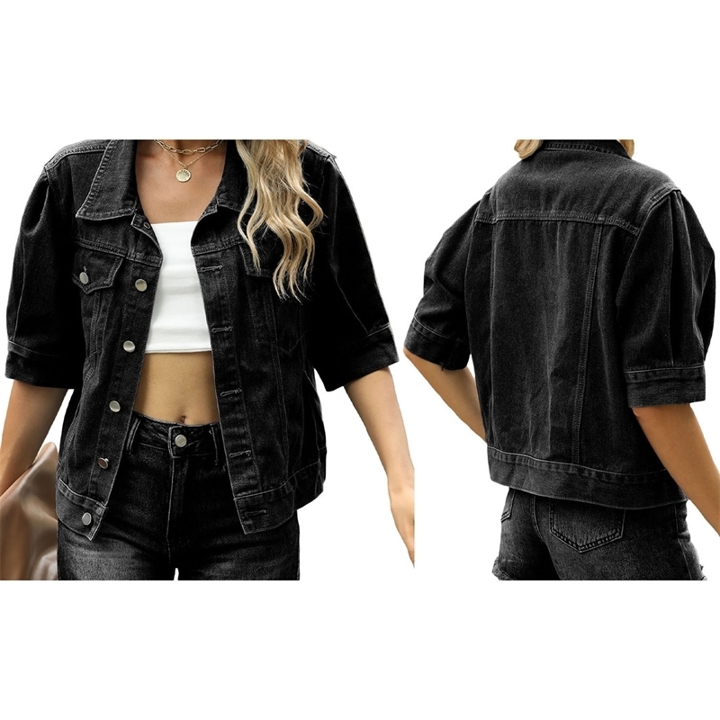 Women Denim Jacket Short Sleeve Turndown Collar Button Clre Solid Casual Streetwear y250709