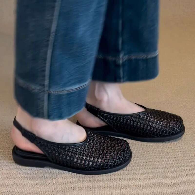 Heel Sandals Sandals Shoes Women Heels New Handmade Woven Hollow Sandals For Women Round Toe Flat Slip On Back Strap Roman Shoes