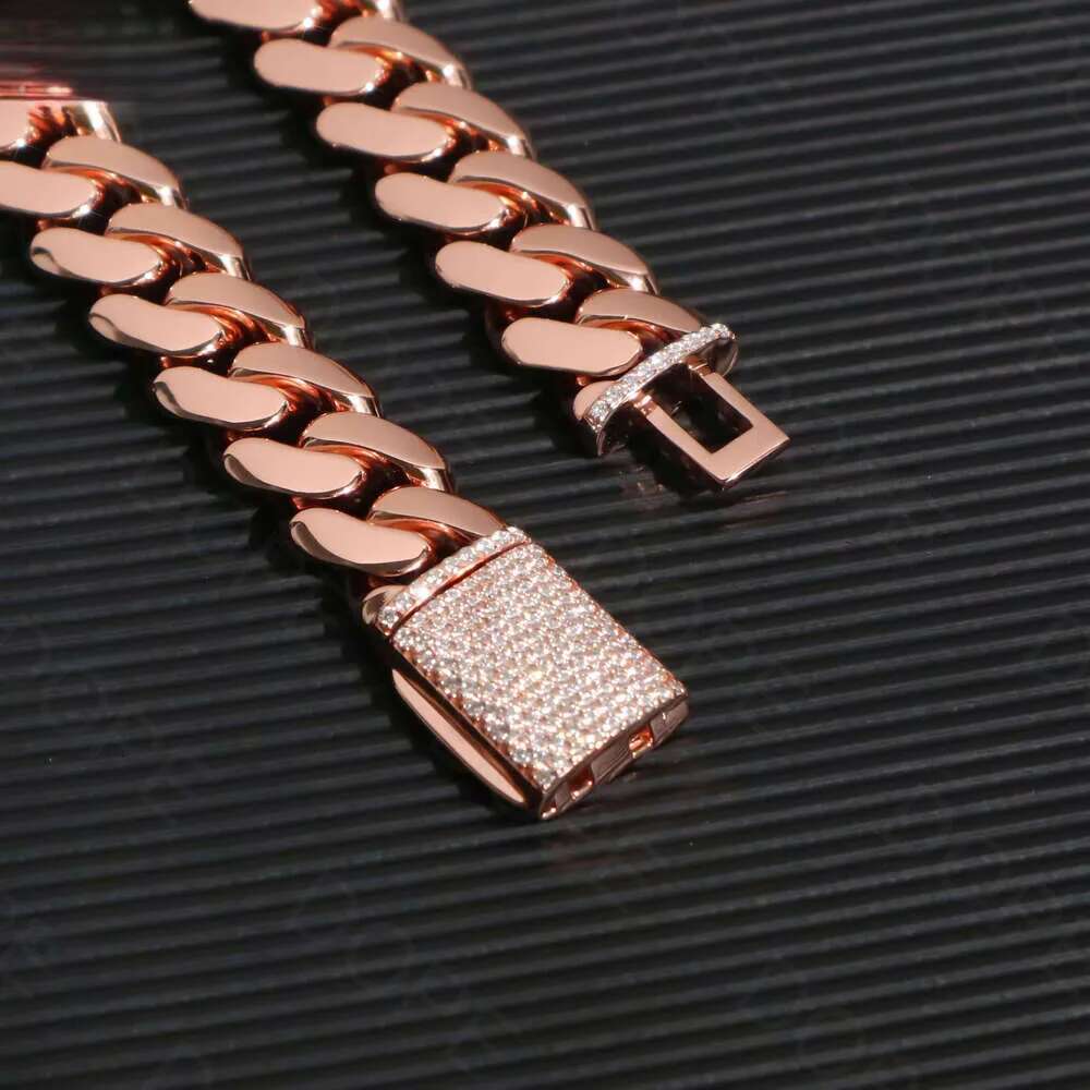 12mm k Sier Hip Hop Rose Gold Plated Custom Iced Out Clasp Miami Moissanite Cuban Chain