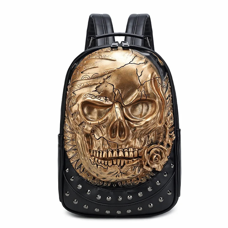 JIEROTYX Rivet 3D Skull Skeleton Embossed Shoulder Bag Travel Backpack Restore Halloween Cool Dark Gothic Carving Backpack 250723