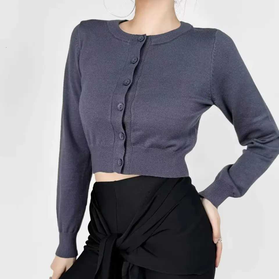 2024 American Retro Button Through Pointelle Knit Cardigan Sweater for Women O Neck Full Sleeve Cropped Knitwear White X250724