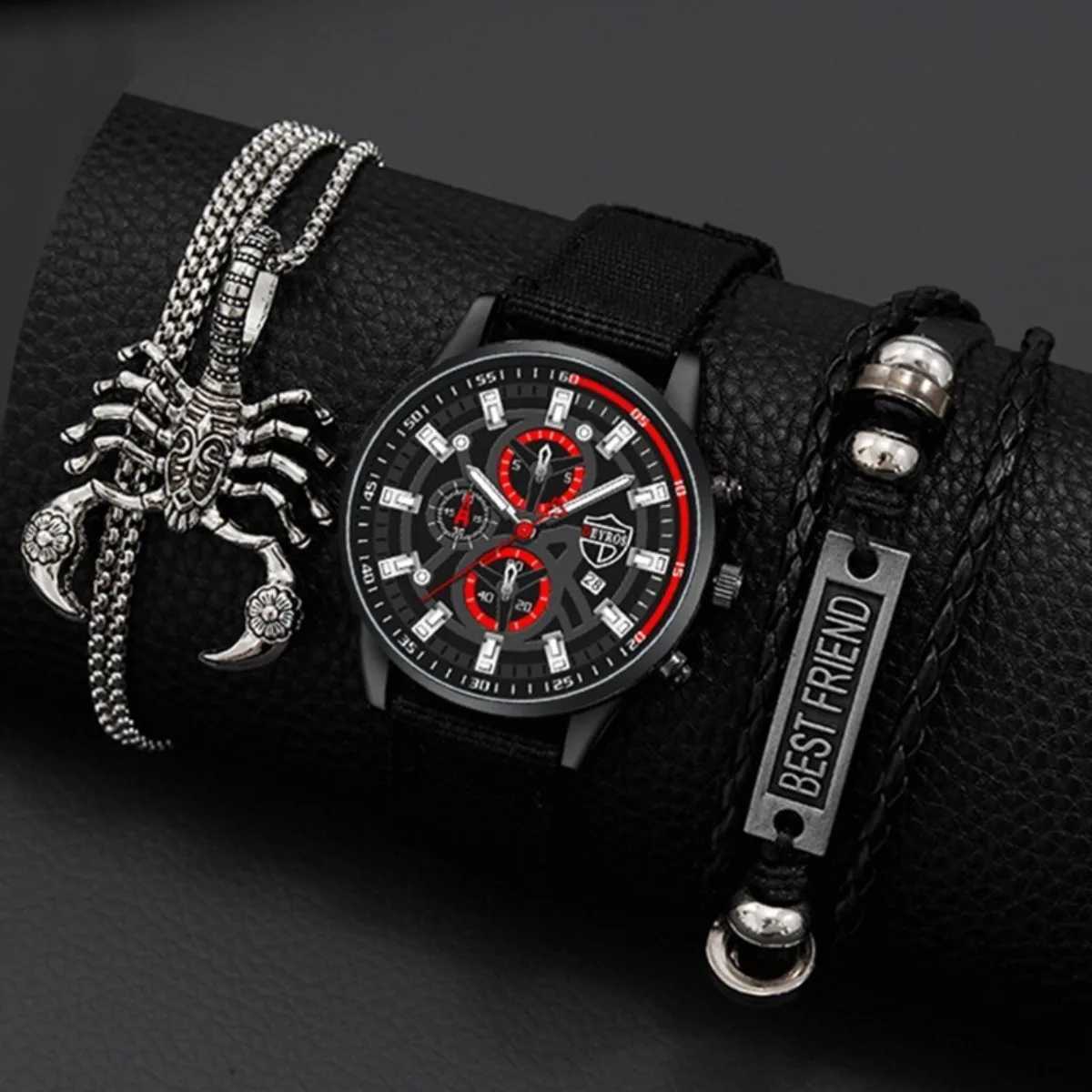 3 Pieces/Set Mens Watches Fashion Luxury Mens Nylon Watch Scorpion Necklace Mens Business Casual Necklace Bracelet Watch W250724