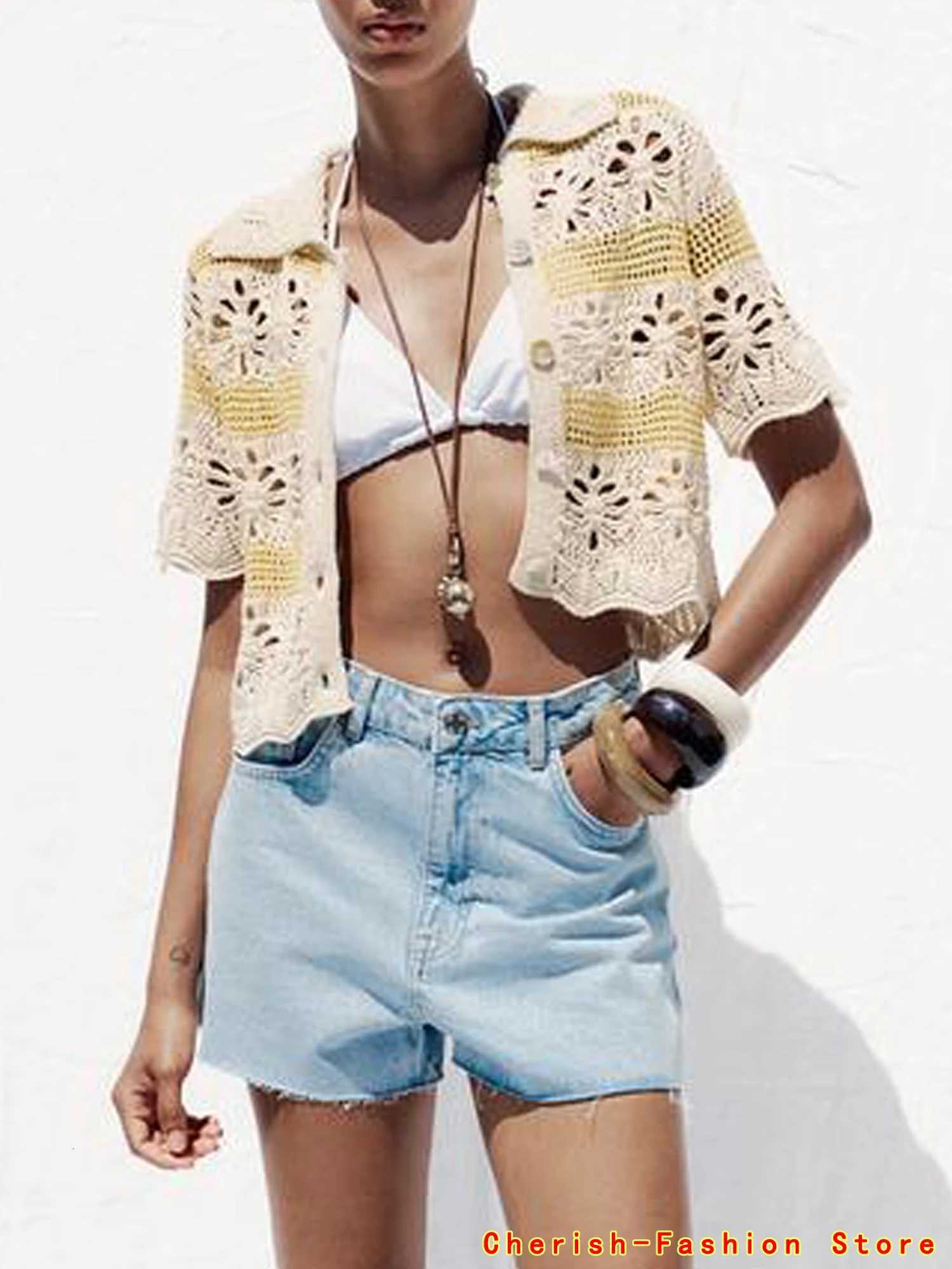 Embroidery Hollow Out Blouse Top Short Sleeve Cardigan Women Summer Boho Vacation Outfit Knit Cardigan Contrast Color Lapel Hot X250724