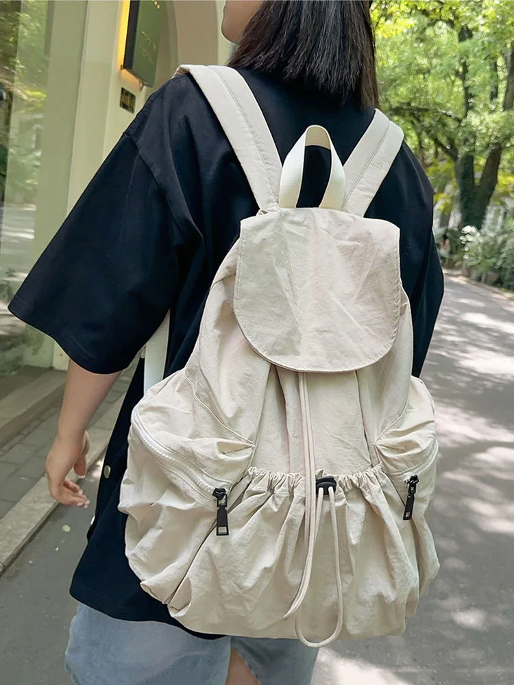 Casual Backpack Women Large Capacity Fashion Junior High School Student Pleat Schoolbag Cloth Bag Korean Travel Backpack 250723