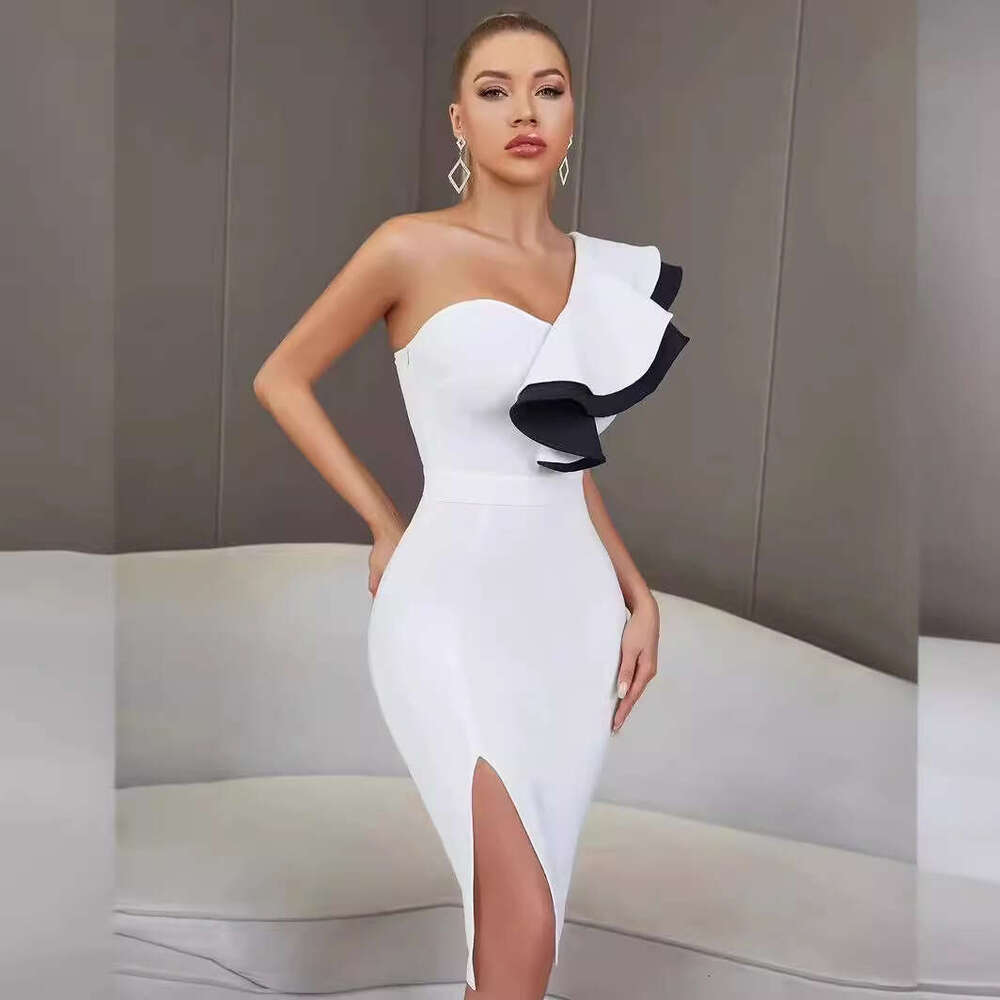 White Skirt Maxi Skirt Style Color Block Ruffle Asymmetric Shoulder Bodycon Split Bandage Dress Long Skirt