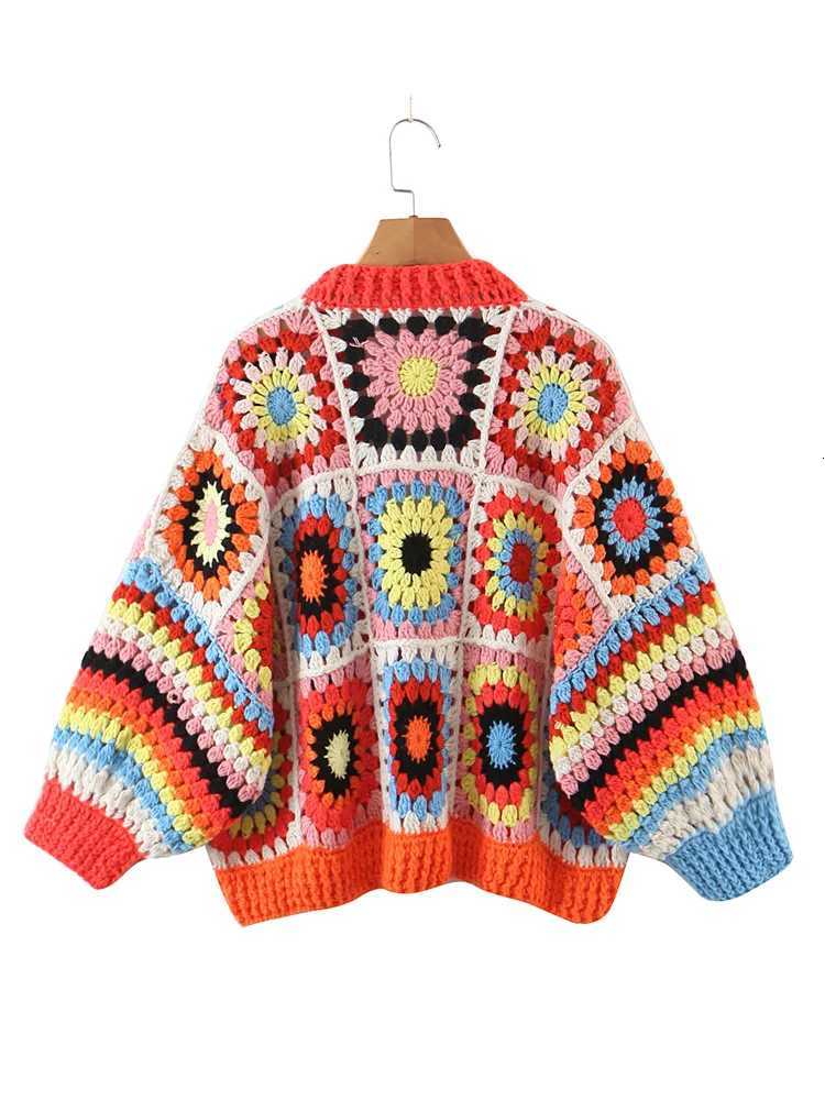 Boho Geometric Plaid Handmade Crochet Cardigan for Women V Neck Long Sleeve Sweater Open Stitching Knitwear Holiday Jumper X250724