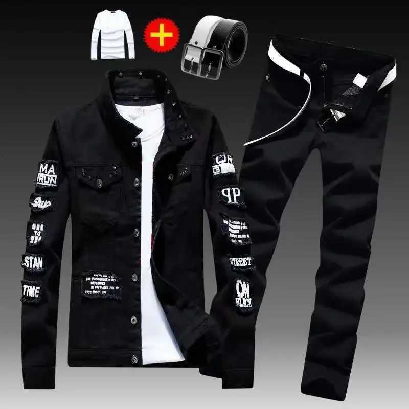 Spring Autumn Mens Denim Jacket + Jeans Pants Set Fashion Single Breasted Coat Trousers Two Piece Denim suit X250228