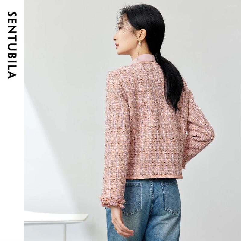Women's Jackets SENTUBILA Elegant Jacket For Women Cotton 2025 Winter Straight Texture Tweed Metal Single Breasted Pink Coat