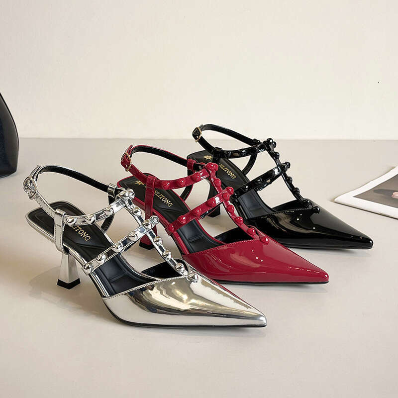 2025 Summer French Fashion Rivet High Heels Sexy Patent Leather One-Strap Pointed Toe Sandals Single Shoes
