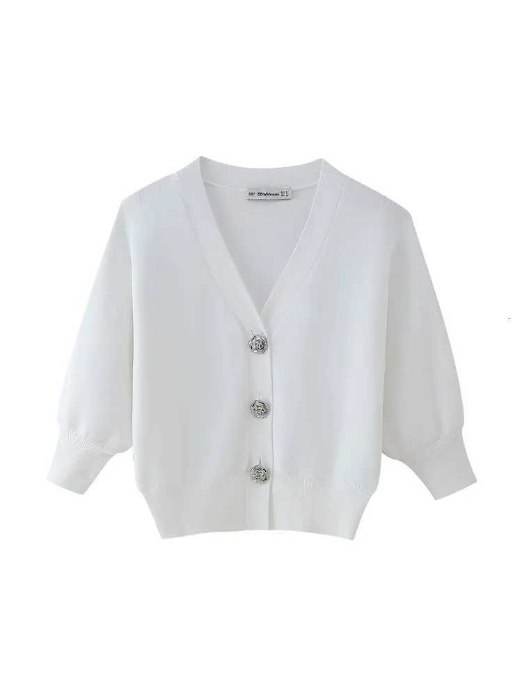 2024 Summer Women Short Sleeve Clothing Solid Shirt V-neck Knitted Sweater Top All-match Crop Top Casual Cardigan Sweater X250724