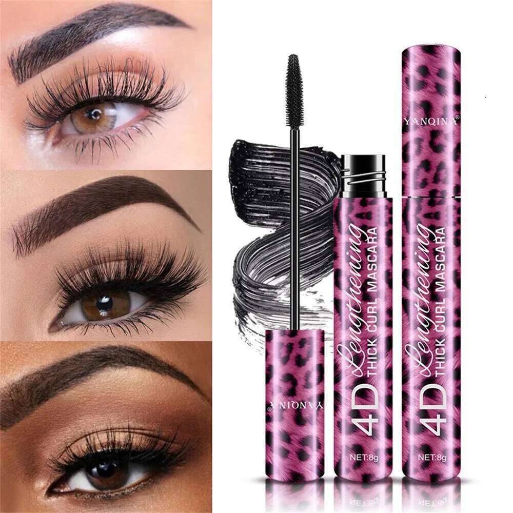 36-Hour Lasting Curling Eyeliner +4D Fiber Elongate Eyelashes Leopard Print Black Mascara Waterproof Eye Makeup Cosmetic