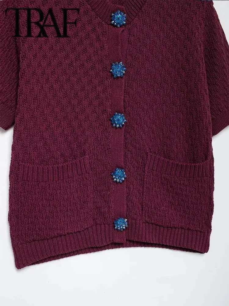 2025 Women Fashion New Jewelry Button Cardigan Short Sleeve V-neck Knitted Sweater Cardigans Chic Female Knitwear Coat X250724