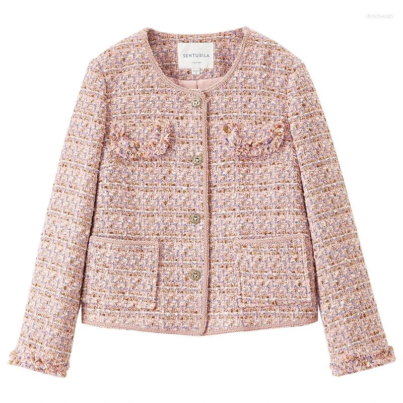 Women's Jackets SENTUBILA Elegant Jacket For Women Cotton 2025 Winter Straight Texture Tweed Metal Single Breasted Pink Coat