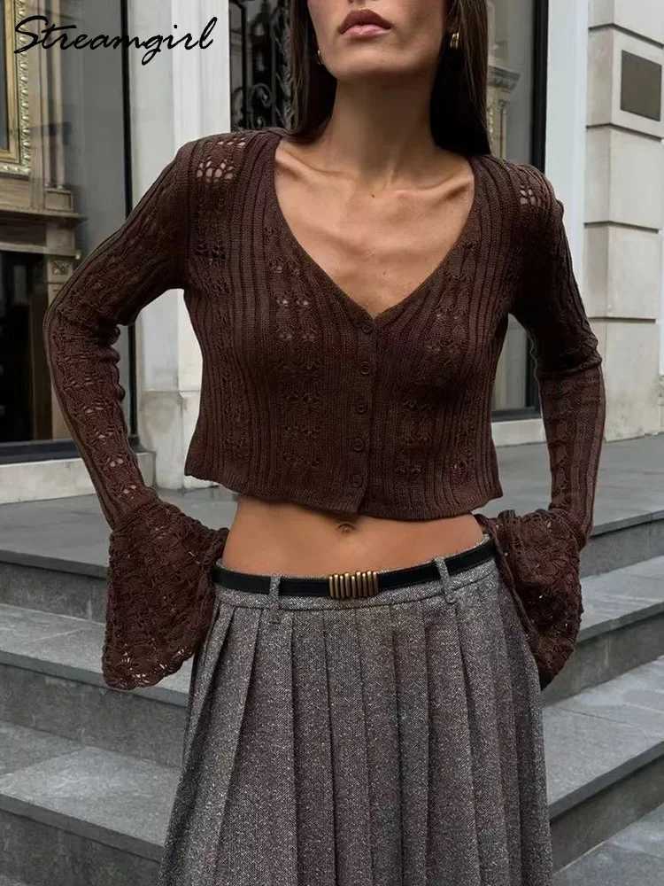 Summer Crop Cardigan For Women Hollow Out Knitted Coffee Short Cardigans V Neck Burgundy Clothes Crochet Cardigan Long Sleeve X250724