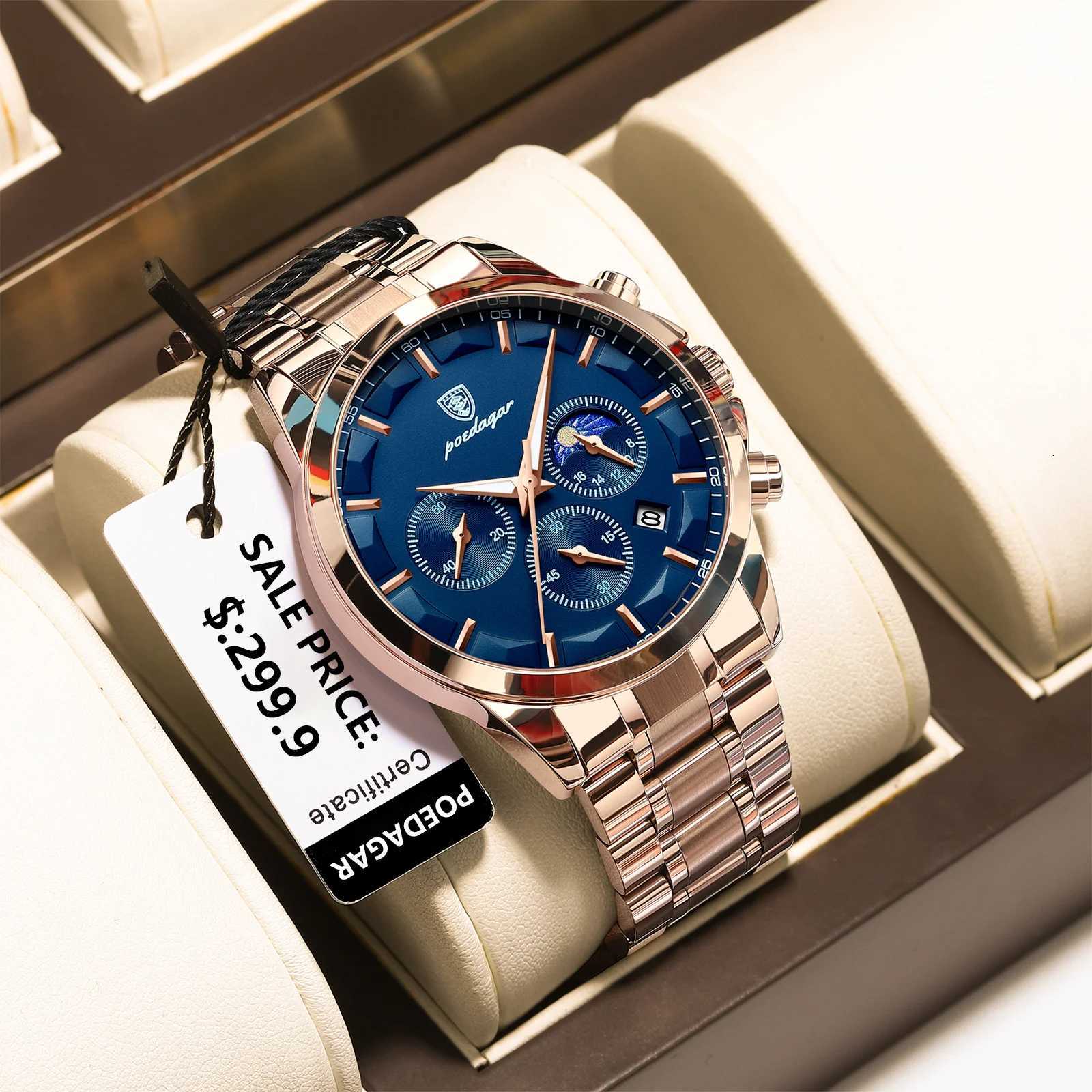 POEDAGAR Luxury Mens Wristwatch Military Waterproof Luminous Chronograph Mens Watch Stainless Steel Mens Quartz Watches + Box Reloj W250724