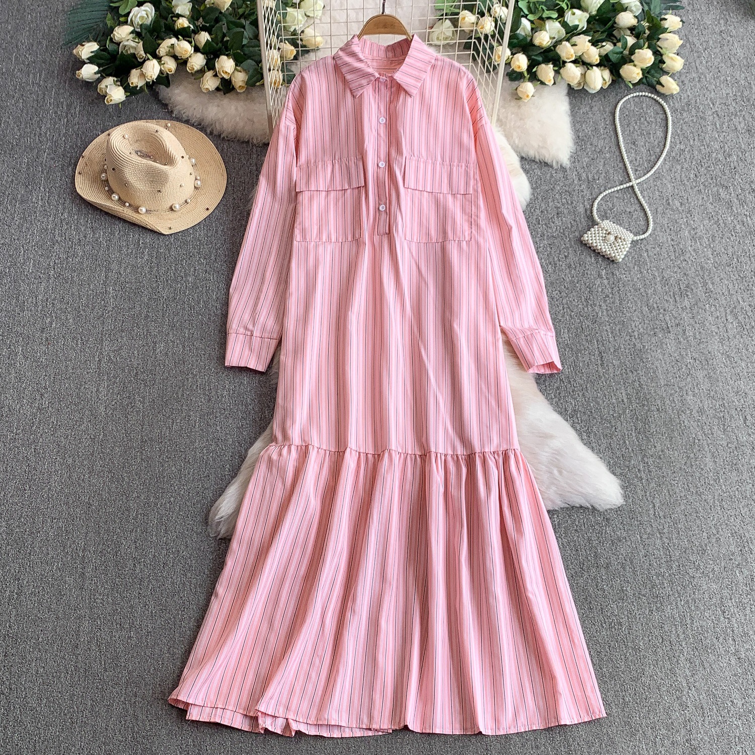 D3180 Summer Large Size Striped Lapel Long Sleeve Shirt Dress Women's New Single-Breasted Design Pleated