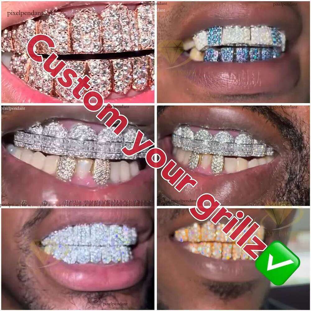Custom VVS Moissanite Teeth Honeycomb Set with Big Stone Dia Iced Out Grills Mens Hiphop Honeymoon Grillz
