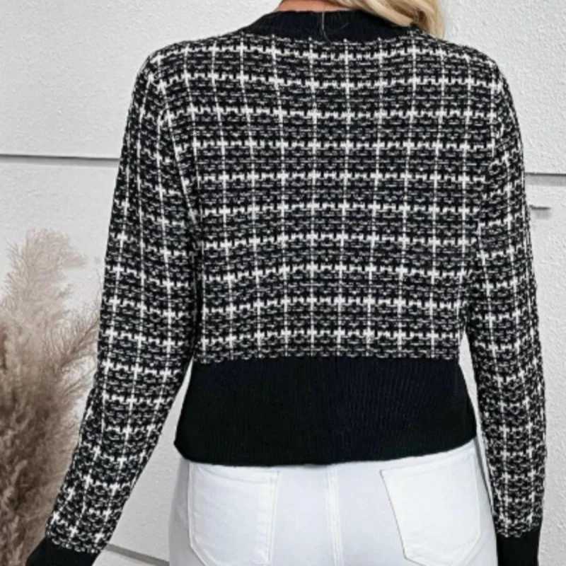 Stylish Womens Twd Knit Cardigan Sweater Black and White Plaid Pattern Button Cardigan Appliqu Long Sleeve Knit Top7310# X250724