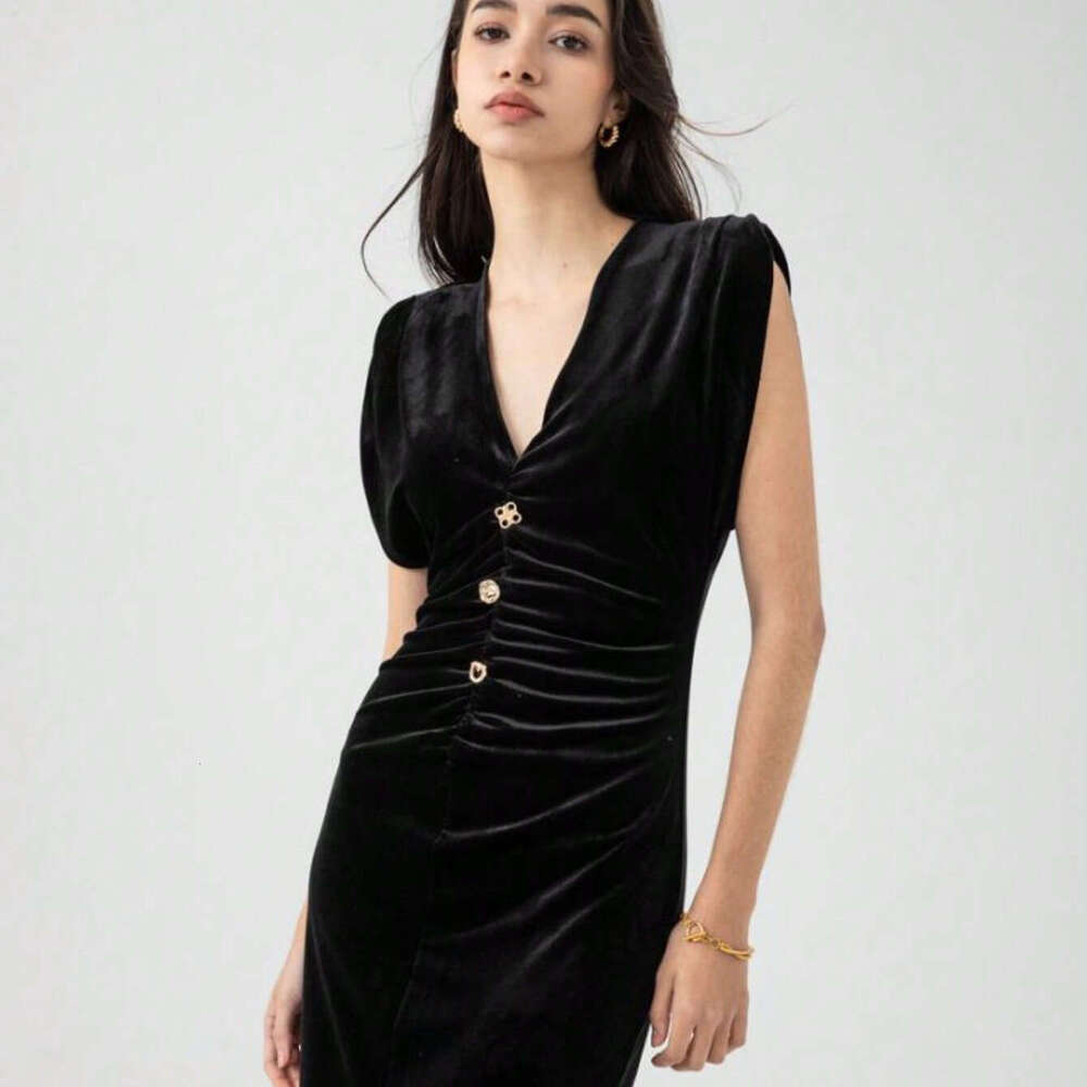 TRAFZA Spring New V-Neck Ruched Waist Slim Elegant Velvet Dress B5
