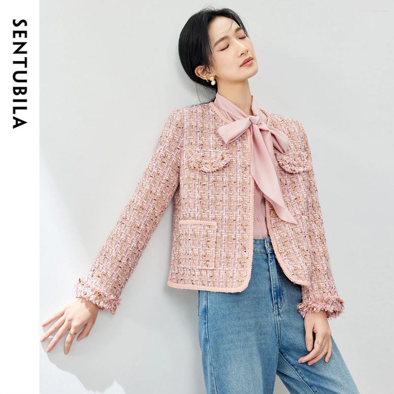 Women's Jackets SENTUBILA Elegant Jacket For Women Cotton 2025 Winter Straight Texture Tweed Metal Single Breasted Pink Coat