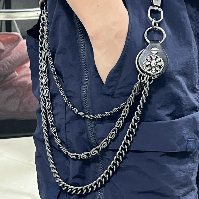Halloween Hip hop punk pants chain Jeans Skeleton decoration on the waist Genuine leather metal jewelry 250722