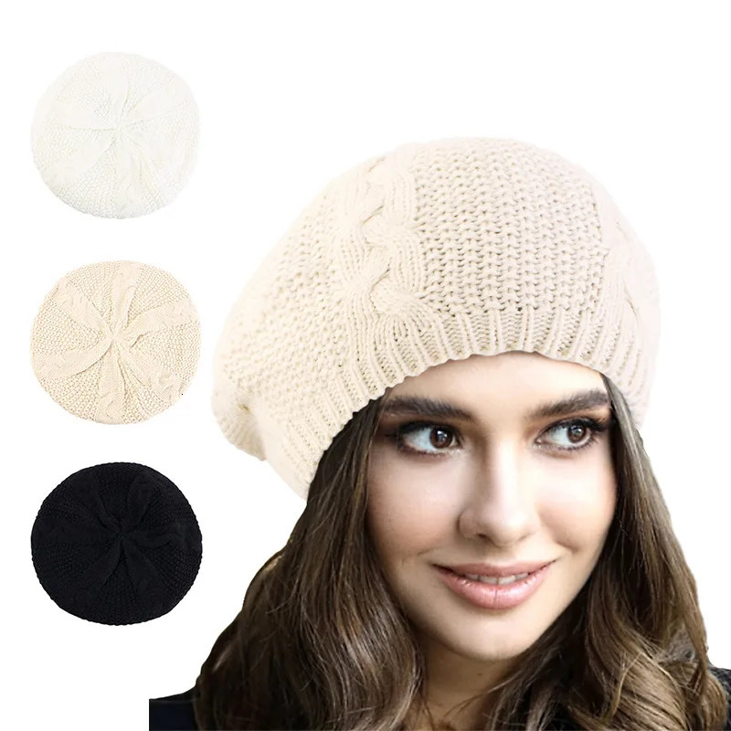 Women Casual Plain Color Knitted Beret Hat Winter Warm Vintage Wool French Artist Beanie Cap Painter Hat Girls Acrylic Hat 250722