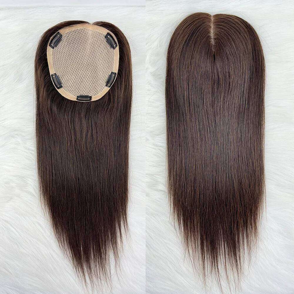 Breathable Base Human Topper for Women Natural Scalp Silk Top Hand Tied Straight Remy Hair Piece with Clips in