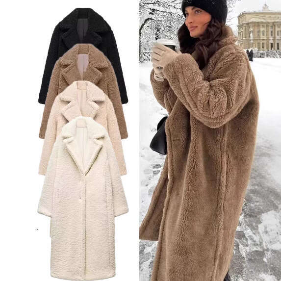 TRAFZA Women's INS Style Winter Warm Double-Breasted Long Shearling Coat B5