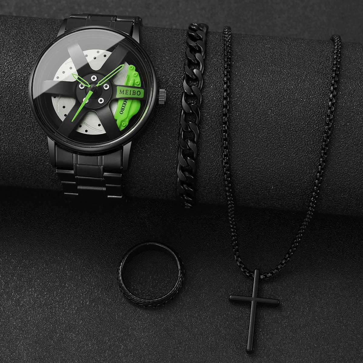4PCS/Set Fashion Men Watches Jewelry Set Casual 3D Car Wheel Dial Stainless Steel Band Quartz Watch for Men ClockWithout Box W250724