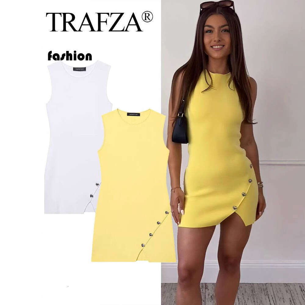 TRAFZA Women's Summer Round Neck Sleeveless Irregular Button Decor Knitted Dress B5 b6