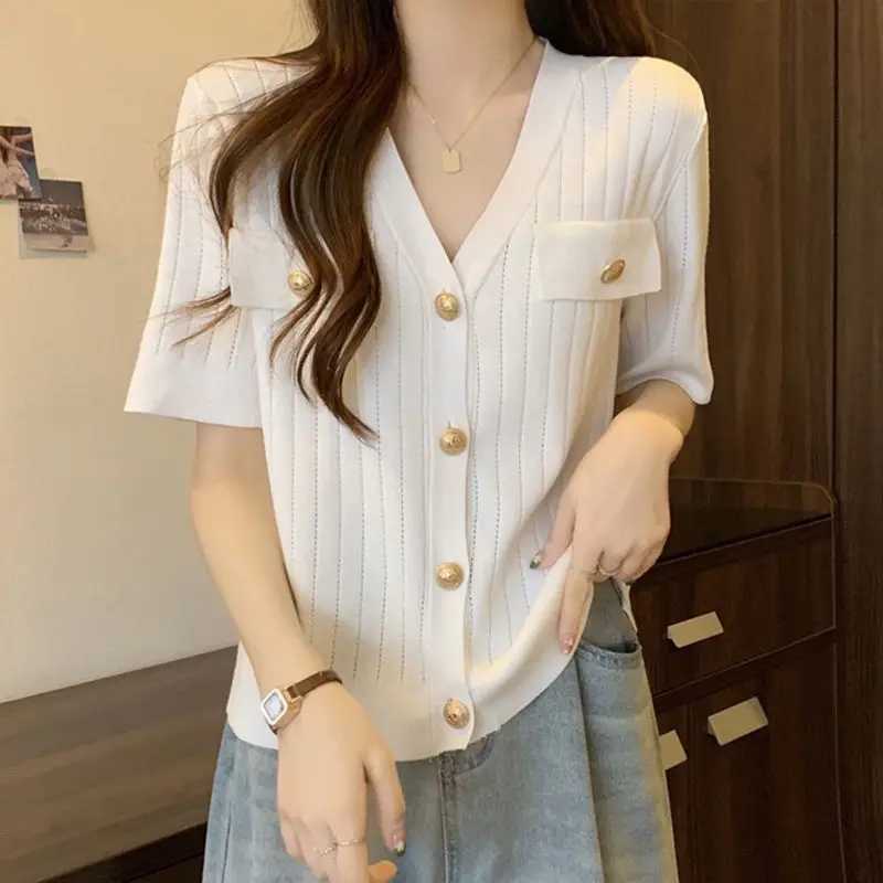 Summer Korean Version Swt V-neck Button Cardigan Women Elegant Fashion False Pocket Short Sleeve Tops Casual Loose Knitwear X250724