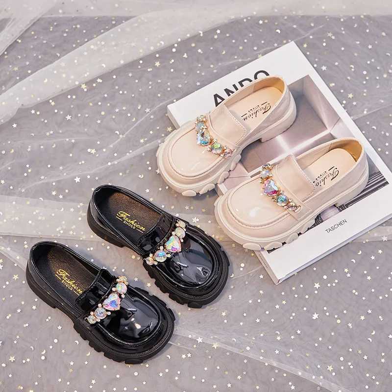Autumn Kids Leather Shoes Girls Crystal Wedding Shoes Single Shoes Children Low-Heeled Princess Shoes Black Beige XJ250724