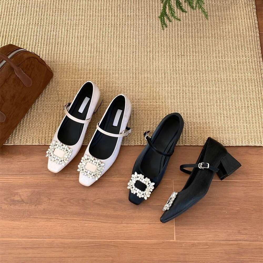 Designer Spring New High Heels for Women, Outdoor Wear, High-End Rhinestone Square Buckle Mary Jane Shoes, Soft Sole Women's Shoes