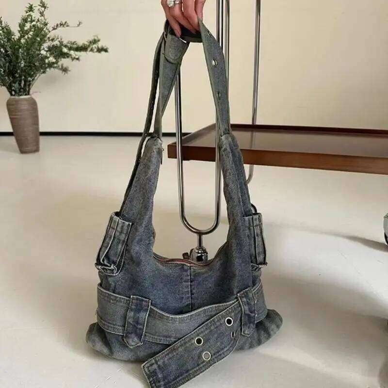 28GD Vintage Punk Denims Handbag with Adjustable Strap for Women Jeans Shoulder Bag