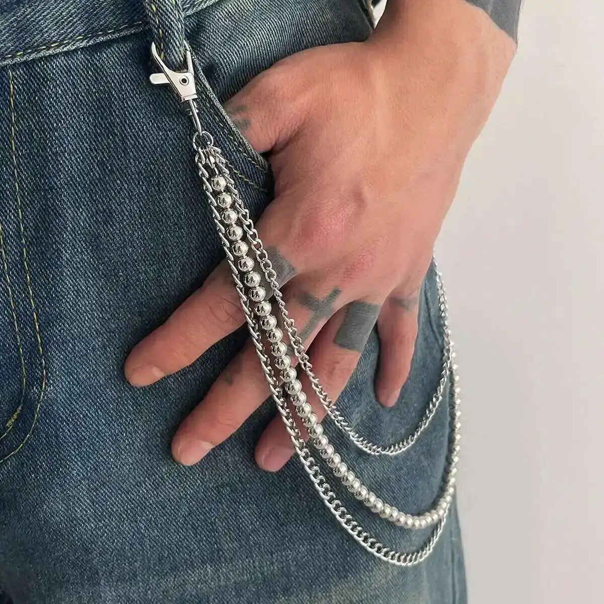 KunJoe Punk Rock Multilayer Metal Pants Chain Wallet Belt Chain Men Women Versatile Beaded Keychain Trousers Jeans Accessories 250722