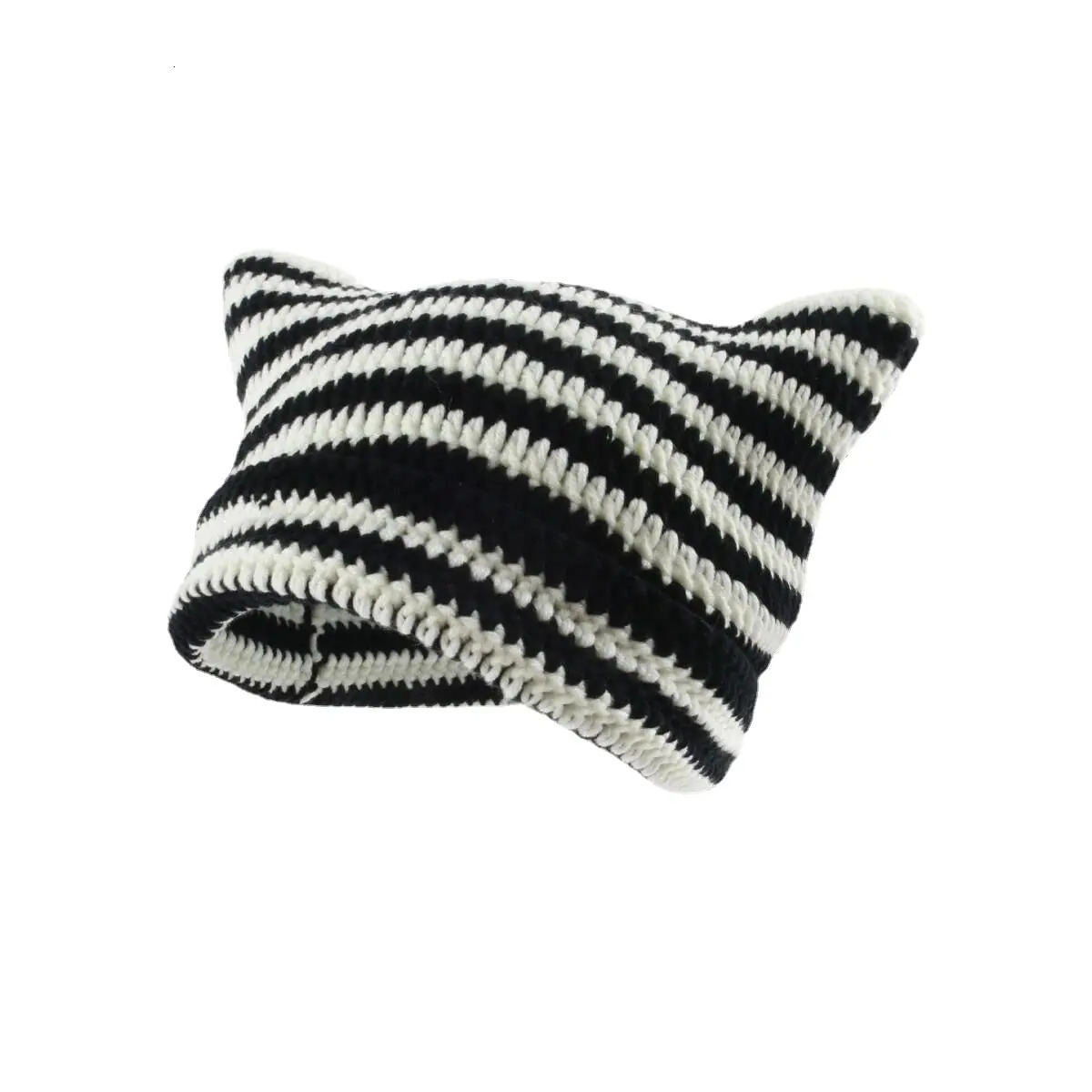 Cute Cat Ears Beanie Hats for Women Winter Striped Korean Punk Gothic Y2K Wool Knitted Streetwear Handmade Crochet Bucket Cap 250722