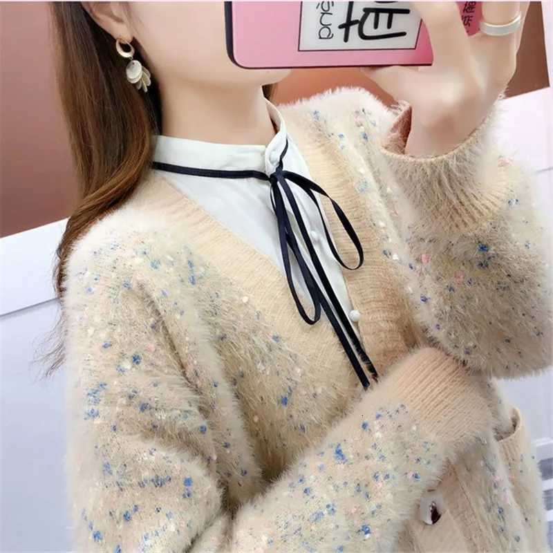 2025 Autumn And Winter New Imitation Mink Knitted Cardigan Women Korean V-Neck Long Sleeve Pockets Loose Knitwear Sweater W725 X250724