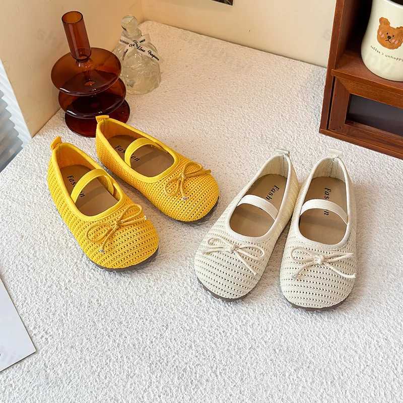 2025 Summer Children Flats Shoes Solid Weave Bow Breathable Girls Princess Shoes Shallow Soft Bottom Non-slip Kids Ballet Flats XJ250724