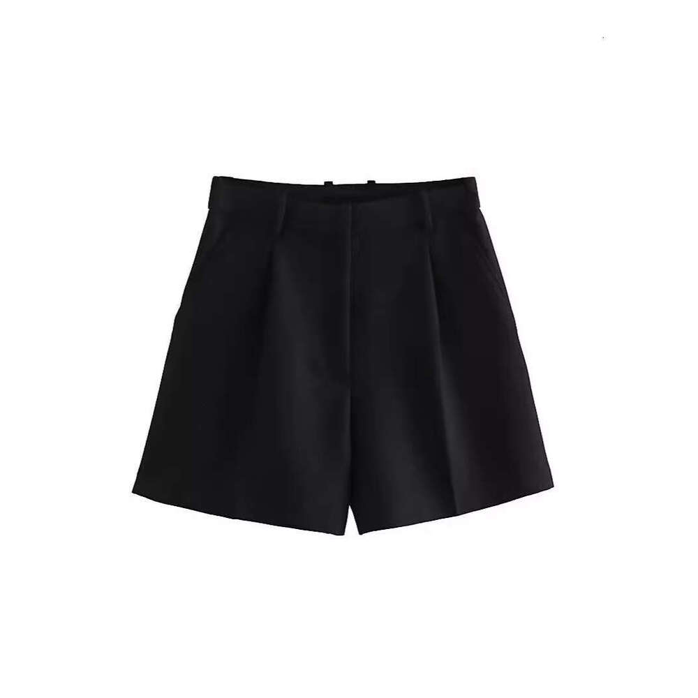 TRAFZA Spring Summer New Women's Versatile High Waist Solid Color Pleated Wide Leg Casual Shorts B5