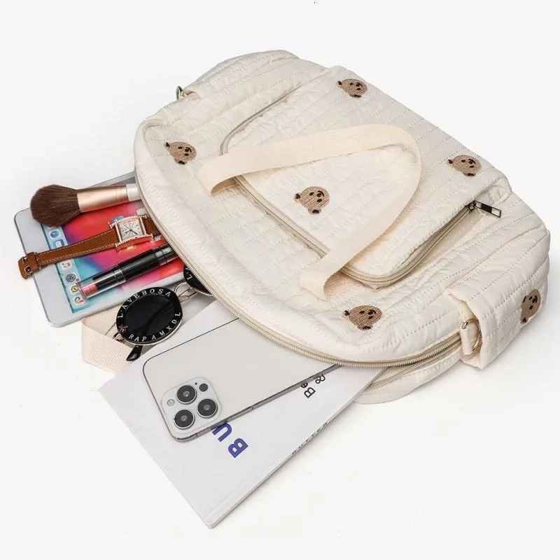 Baby Diaper Bag Cute Bear Flower Embroidery Pattern Mommy Beige Cotton Fabric Zipper Handbag Luggage Bag 250724