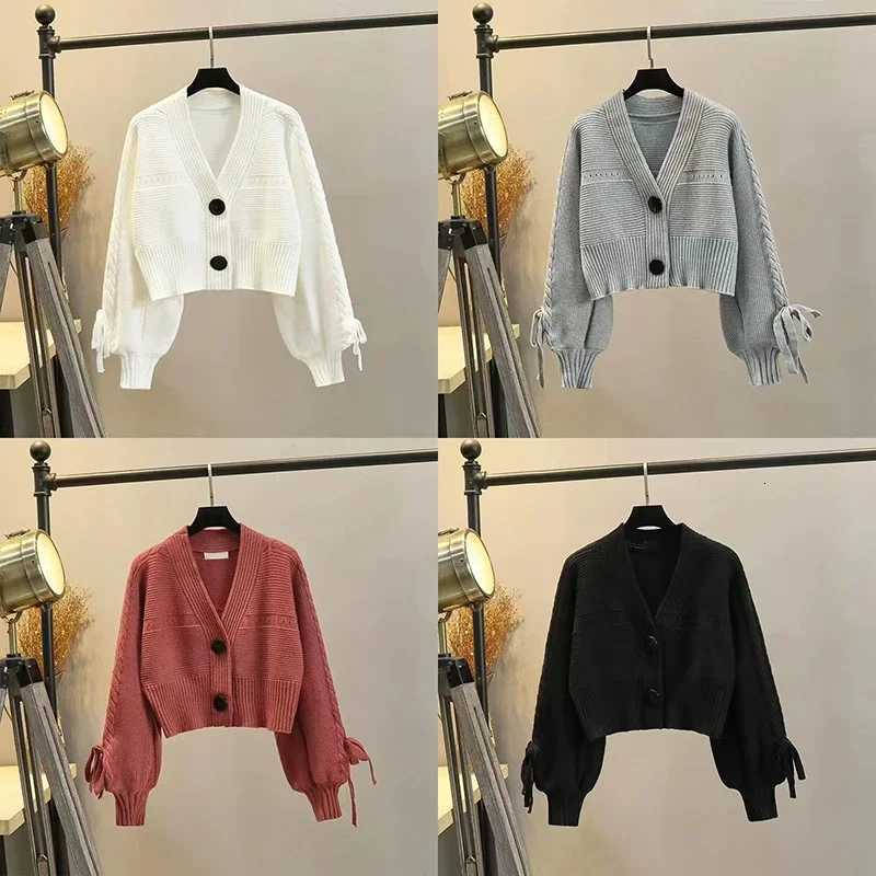 Fashion Drawstring Long Sleeve Knit Cardigans Women Autumn V Neck Cropped Sweater Cardigan Woman Korean Solid Wild Cardigan Lady X250724