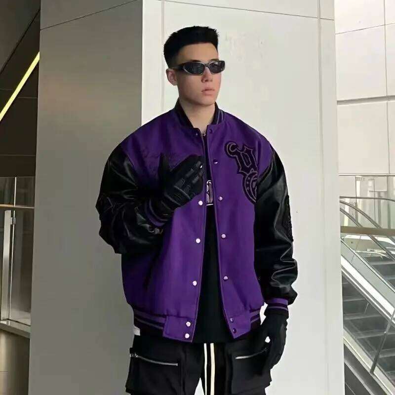 Women's Wear Vintage Varsity Jacket Men Purple Baseball Jackets Embroidery PU Faux Leather Sleeves Spring Autumn Women Bomber Coat